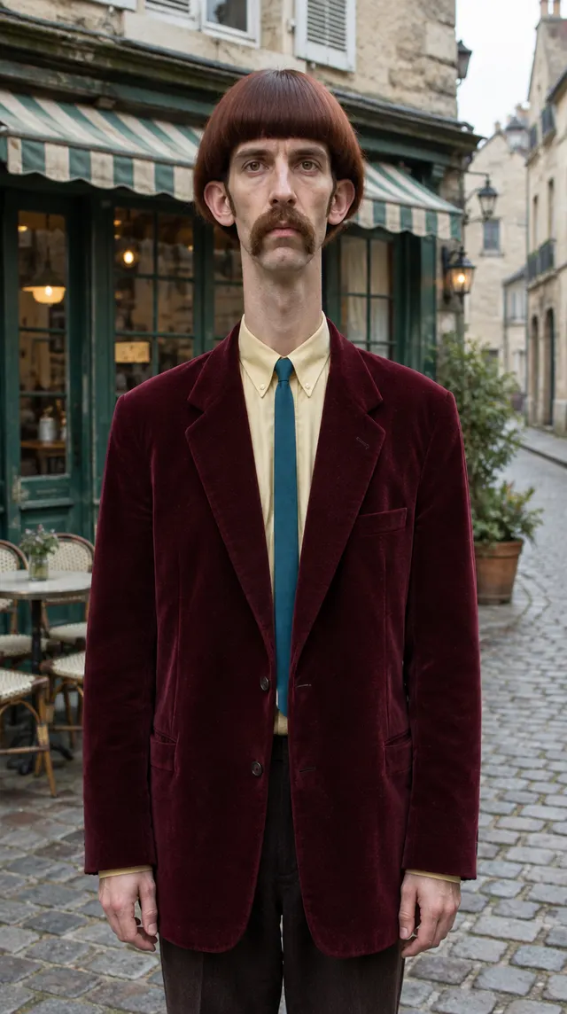 Renato: hombre de flequillo cobrizo, bigote, chaqueta de terciopelo burdeos, camisa amarilla y corbata azul petróleo, de pie en una calle empedrada.